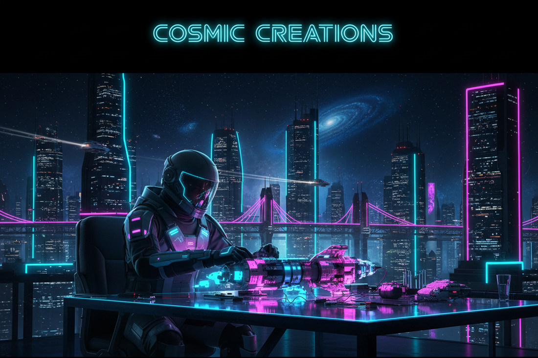 Persona construyendo un set espacial STEM en ambiente cyberpunk