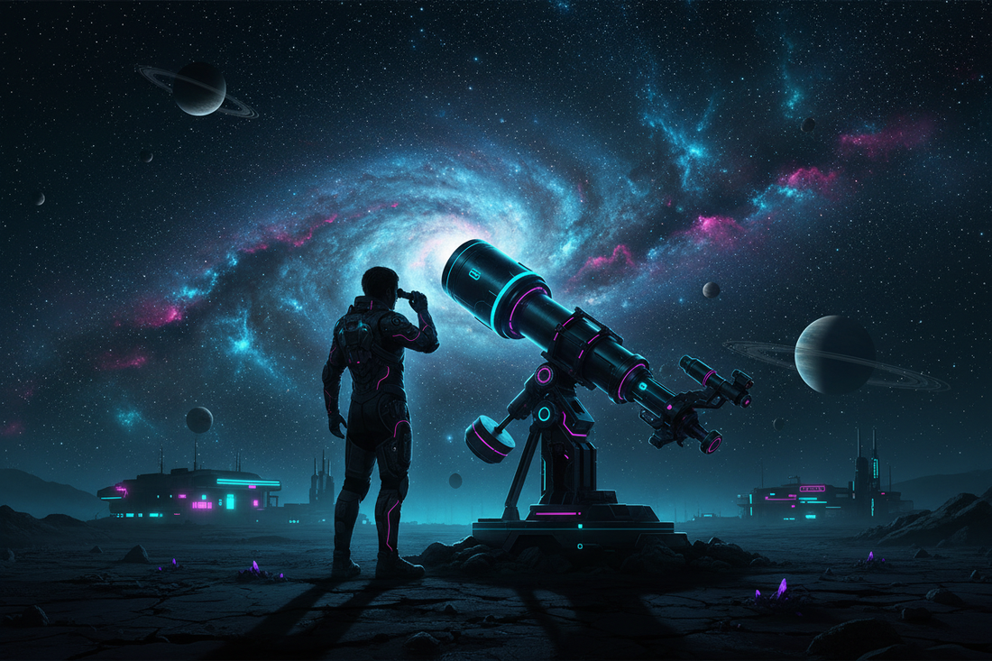 Persona observando el cielo nocturno con un telescopio profesional