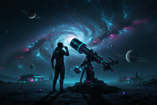 Persona observando el cielo nocturno con un telescopio profesional