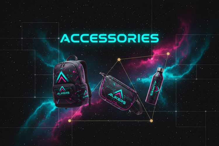 Alikers Accessories — Mochila, crossbody y botella espacial cyberpunk