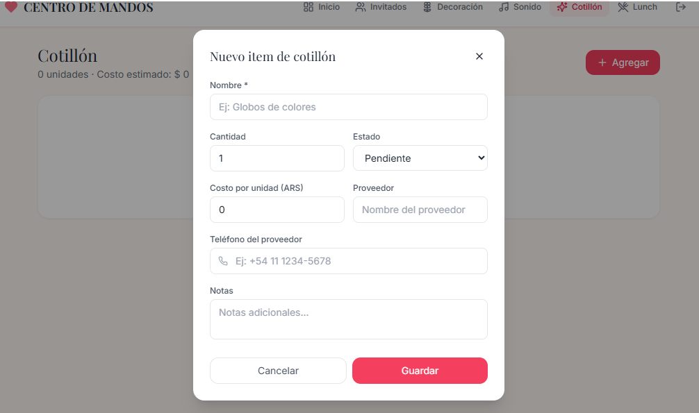 Dream Planner — Módulo Cotillón
