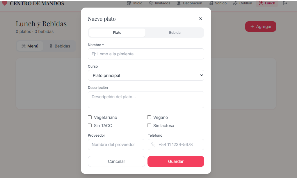 Dream Planner — Módulo Lunch y Bebidas